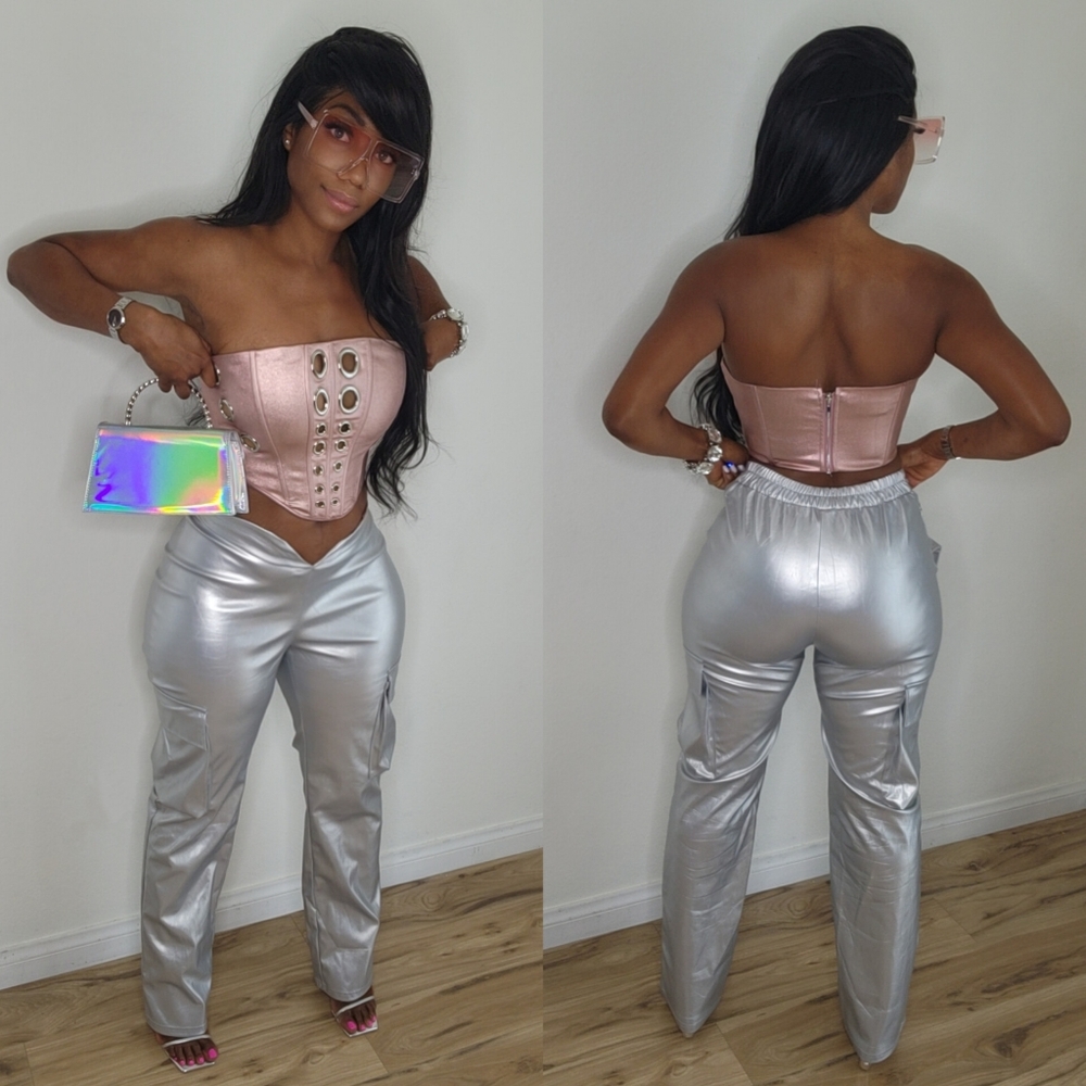 Faux leather metallic bustier top